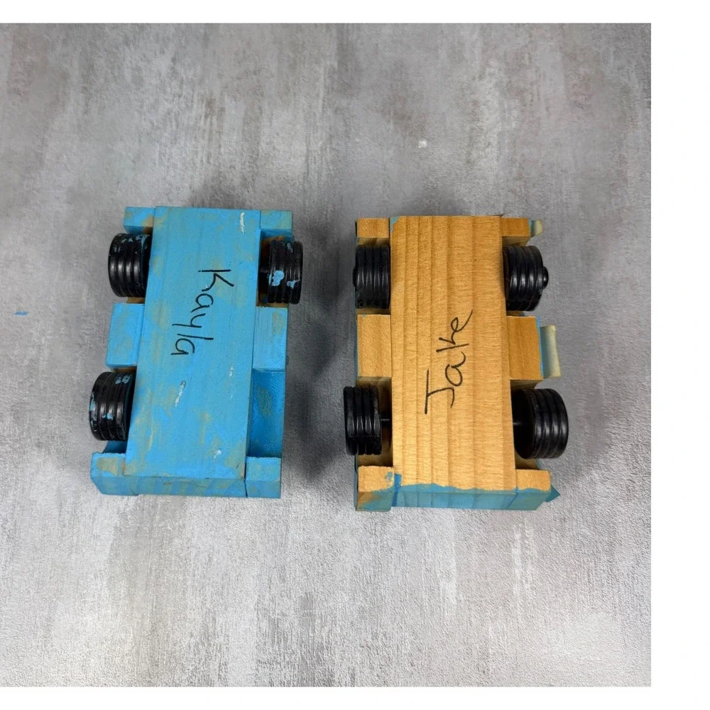 Handmade Wooden Toy Cars Blue Rustic Personalized Kayla Jake Minion Set of 2